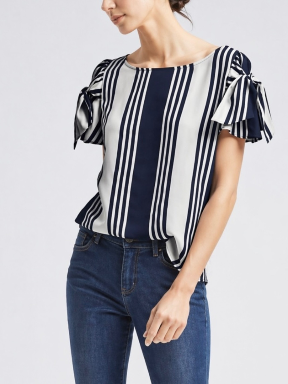 NWOT - Banana Republic Petite XXS Navy White Stripe Bow Sleeve Blouse